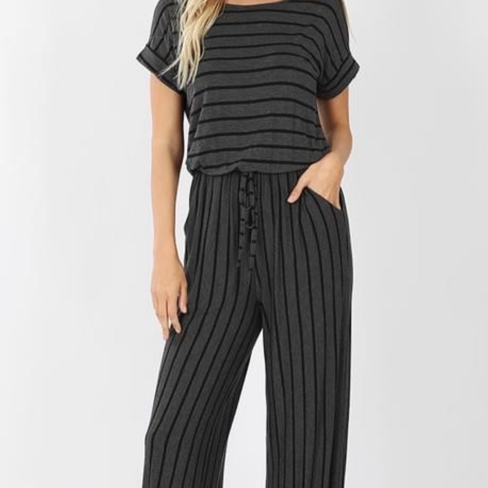 Shirt Sleeve Striped Jumpsuit